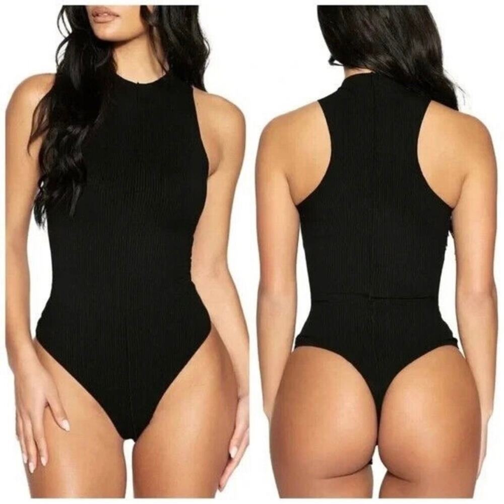 naked wardrobe XS Black Ribbed High-Neck Sleeveless Bodysuit